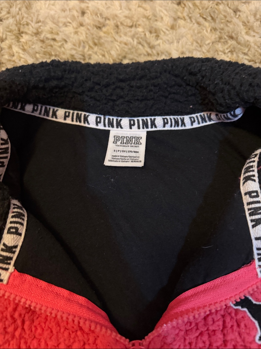 PINK Victoria's Secret Pink and Black Sherpa Zip Pullover - Picture 2 of 3